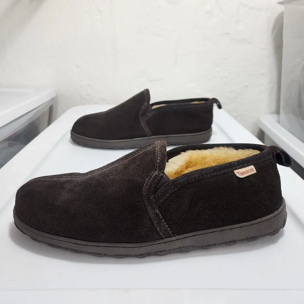 Tamarac Cody Shearling Moccasin Slippers Brown Suede Leather Lambswool Mens 11M